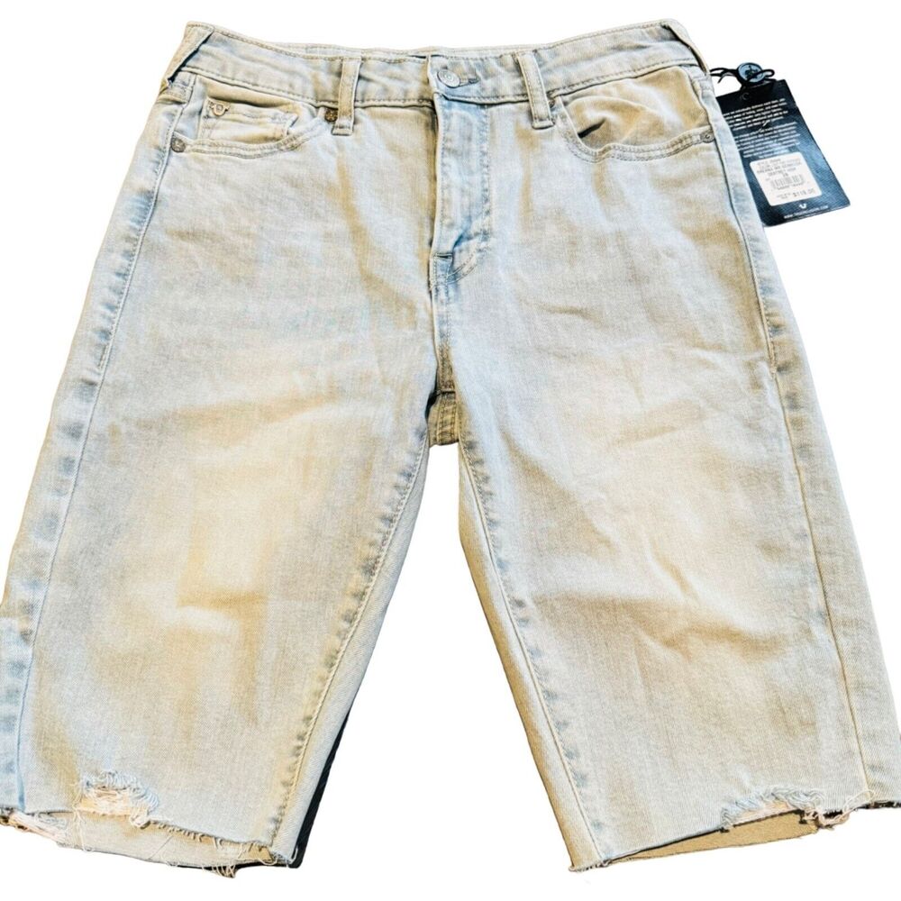 NWT True Religion High Rise Bermuda Jean Shorts Womens 28 Light Wash Distressed